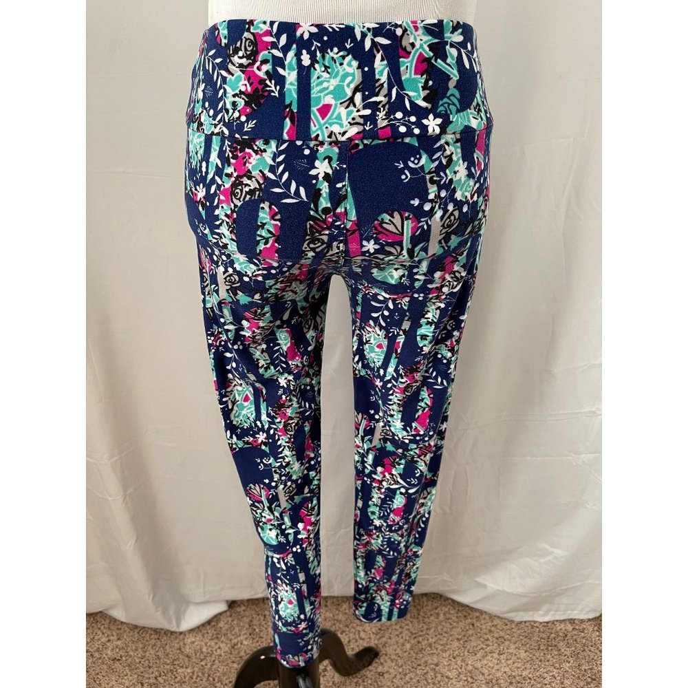 LuLaRoe Women's Navy Multi-Color Floral Abstract Print Stretch Leggings One Size - Picture 6 of 6